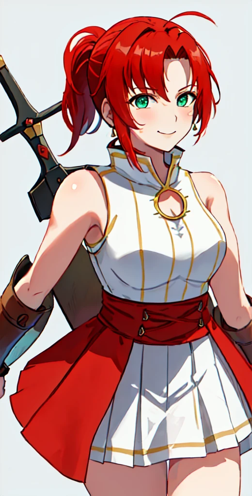  best quality, masterpiece,  High Resolution , Alone,boudica_fgo,{_fgo:1.15}, red_hair, chest, short_hair, , big_chest, short_ ponytail, 前hair, green_eye, smile,  ponytail,( fits your body,White sportswear,  sleeveless,Wet with sweat), 1 girl,  cowboy shot, ( simple background,White sheets)