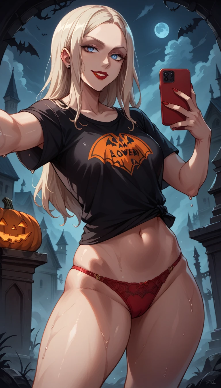 Perfect Selfie , Carmilla(Castlevania), black tank top t-shirt and red panties, long hair, hair covers one eye,blue eyes, smile,,windy,thick thighs, big boobs,vibrant colors, Full Legs,Cemetery background ,wet, lipstick and lip gloss , cinematic highlight,clima Halloween, global illumination,detailed