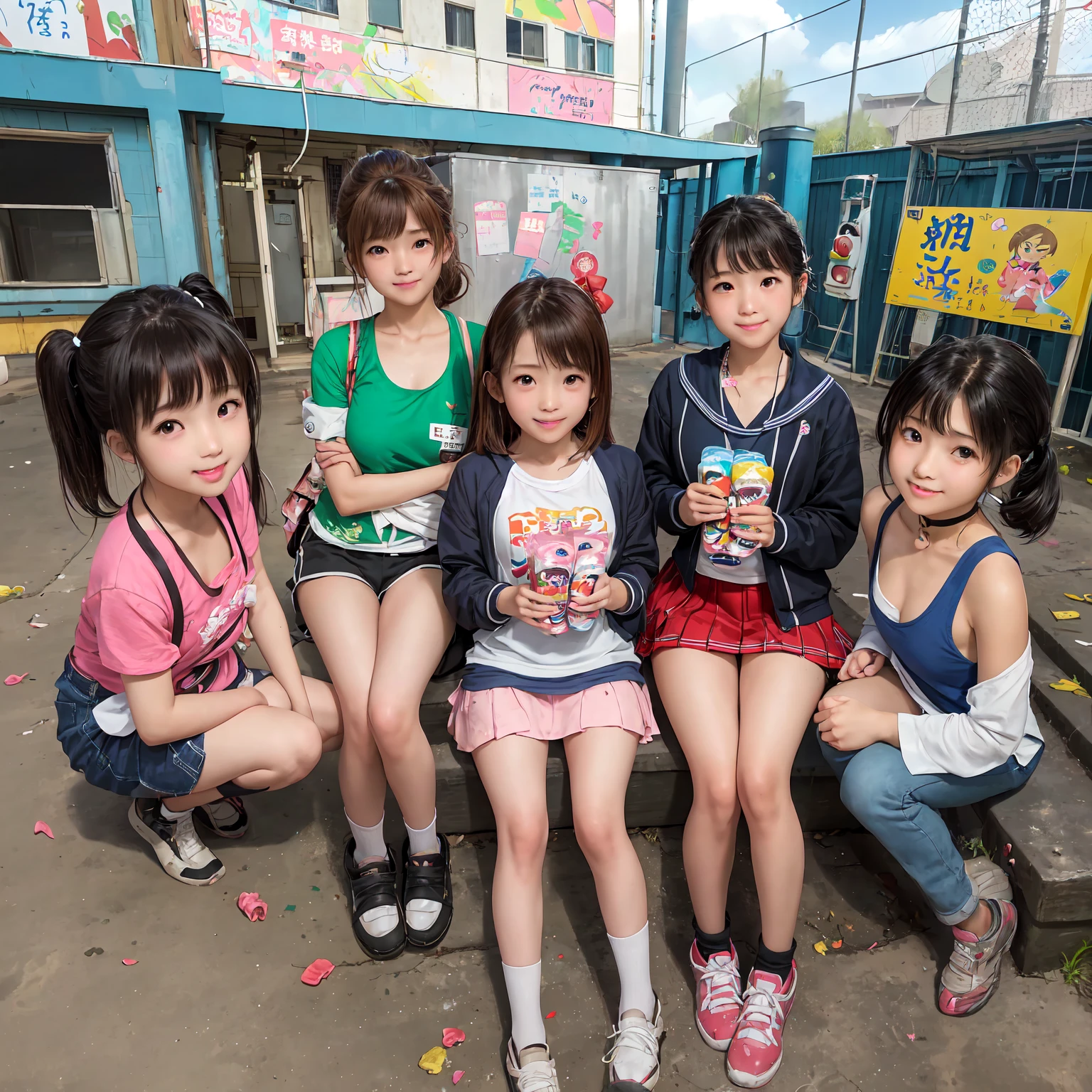 
(masterpiece、Detailed Anime)、(Three cute girls、Three elementary school girls、Summer clothes)、( old and dirty stairs in the housing complex、Battleship Island、shop、Vending machines、garbage、Use waterways)、(Poor conditions)、(smile、fun)、smile、Happy school s、 Perfect Anatomy