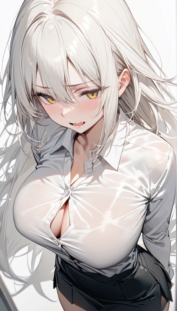 ((masterpiece,  best quality)), (1 Girl), ( alone), (Women focus on ), (Ahog, White hair,  very long hair), Golden Eyes,  faint smile , Open your mouth, (( white shirt), ( buttoned shirt), (Button Gap)), (( Black skirt ), (Short skirt)),  to a standing,  white background for the head only, Back Hand, Dynamic Angle,