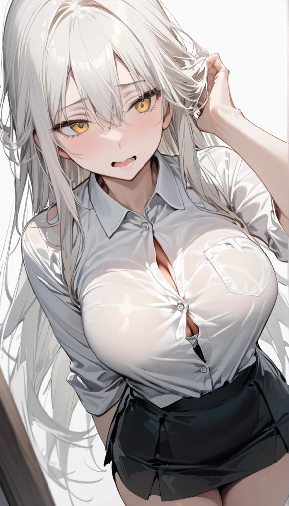 ((masterpiece,  best quality)), (1 Girl), ( alone), (Women focus on ), (Ahog, White hair,  very long hair), Golden Eyes,  faint smile , Open your mouth, (( white shirt), ( buttoned shirt), (Button Gap)), (( Black skirt ), (Short skirt)),  to a standing,  white background for the head only, Back Hand, Dynamic Angle,