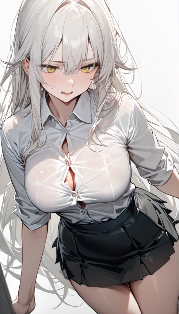 ((masterpiece,  best quality)), (1 Girl), ( alone), (Women focus on ), (Ahog, White hair,  very long hair), Golden Eyes,  faint smile , Open your mouth, (( white shirt), ( buttoned shirt), (Button Gap)), (( Black skirt ), (Short skirt)),  to a standing,  white background for the head only, Back Hand, Dynamic Angle,