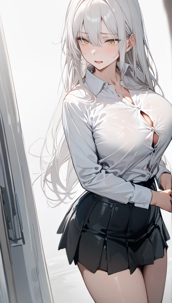 ((masterpiece,  best quality)), (1 Girl), ( alone), (Women focus on ), (Ahog, White hair,  very long hair), Golden Eyes,  faint smile , Open your mouth, (( white shirt), ( buttoned shirt), (Button Gap)), (( Black skirt ), (Short skirt)),  to a standing,  white background for the head only, Back Hand, Dynamic Angle,