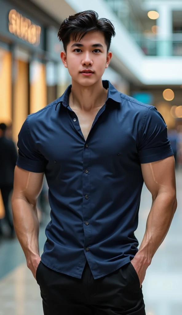 Natural light, realistic, Thai man, ทรงผมสั้น buzz cut, Handsome, muscular, big muscles, Broad shoulders, model,  Wear a tight polo shirt. dark blue jeans standing smiling , outdoor outside