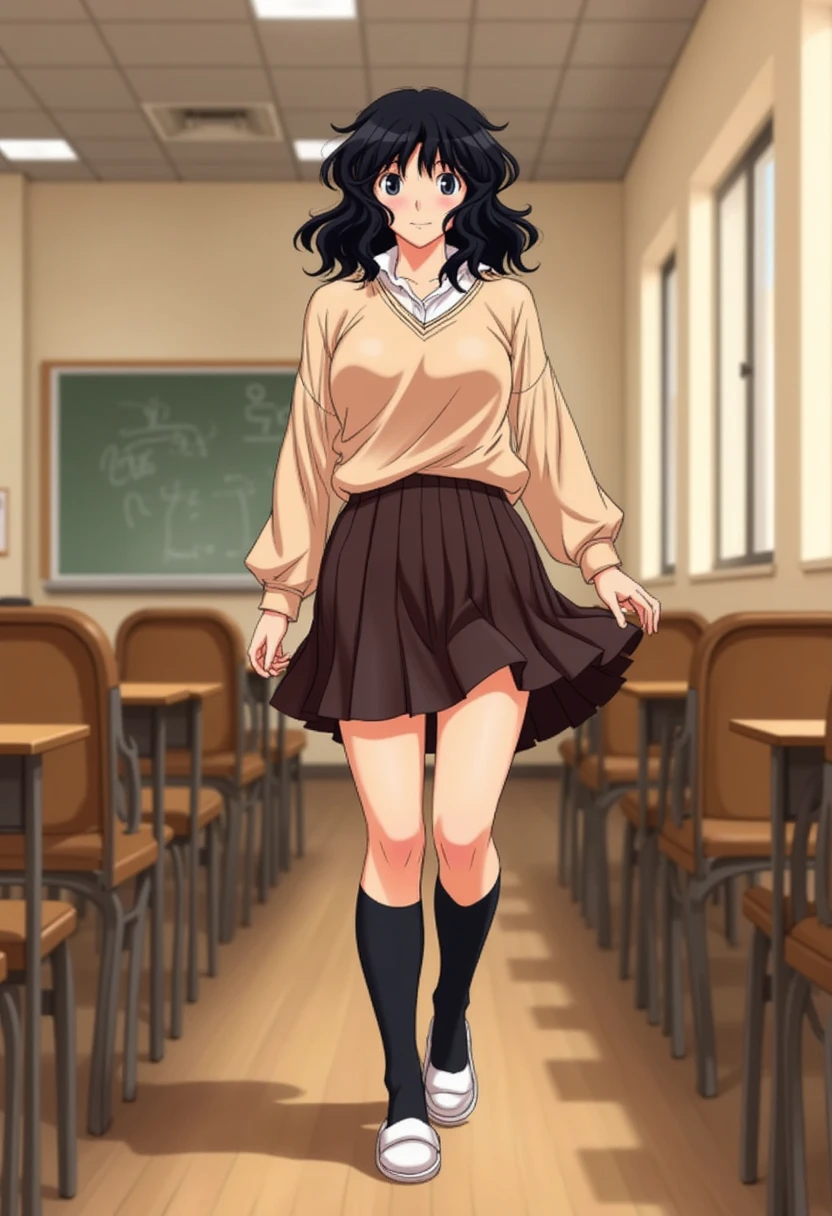 Kaoru Tanamachi(1:2), Ultra detailed face, Attention to detail,  anatomically correct body, whole body(1:2), I'm showing my belly(1:2),( beige knitwear style uniform showing belly:1.1), (Dark Brown Skirt:1.1), Japanese High School Uniform, Famous Tokyo Metropolitan High School Uniforms,  Knee-High Socks , Perfect Legs,  mischievous smile,Evening Classroom, sunset, Walking next to me, Tuck up your clothes, White slippers