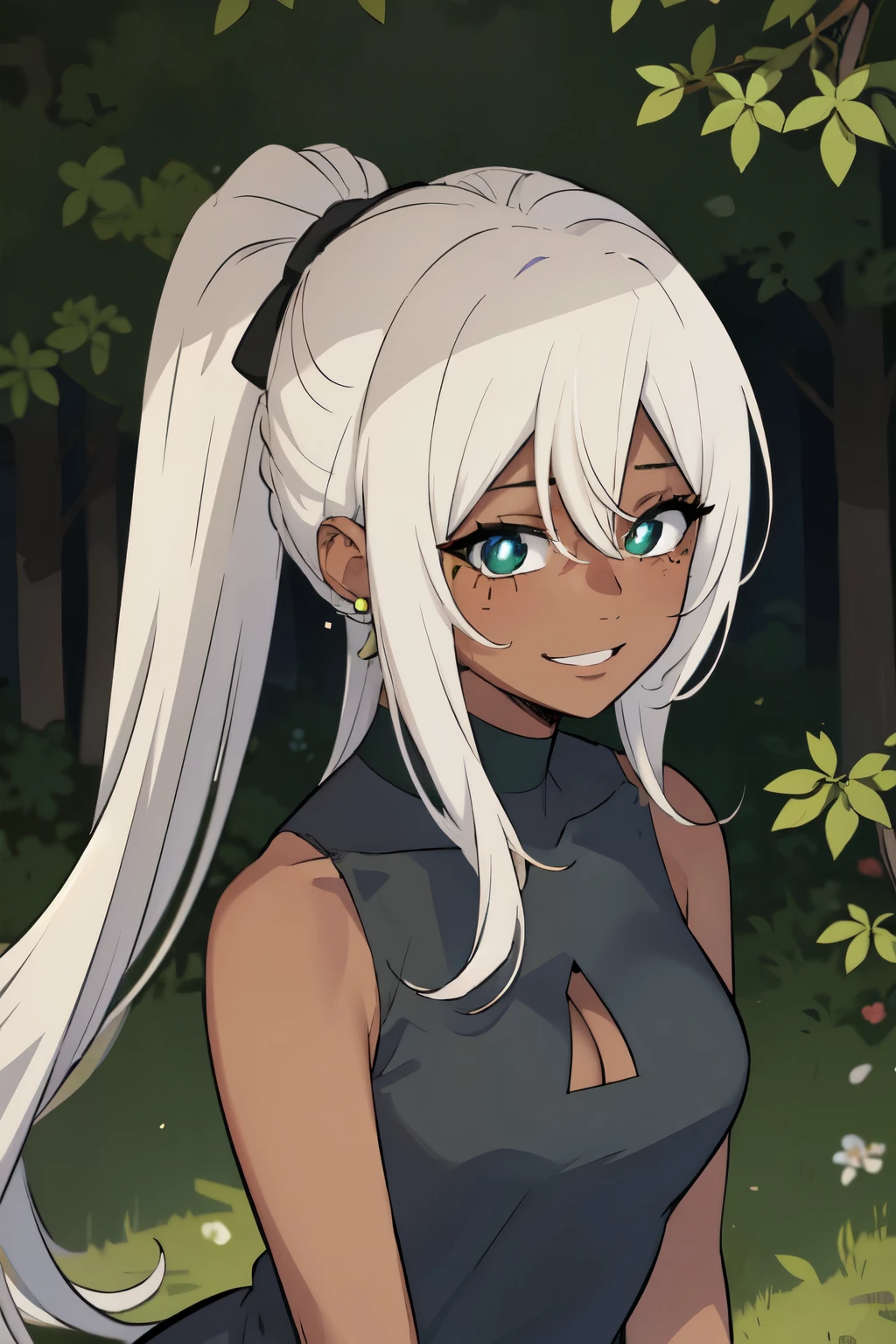 best quality, (masterpiece:1.2), detailed,
dark skin, upper body,
1girl, 1boy, getting fucked, smile, moaning,
ponytail, long hair, blonde hair, green eyes, mole under eye, slight blush,
earring, black dress, cleavage cutout, sleeveless,
standing, looking at the viewer,
outdoors, forest