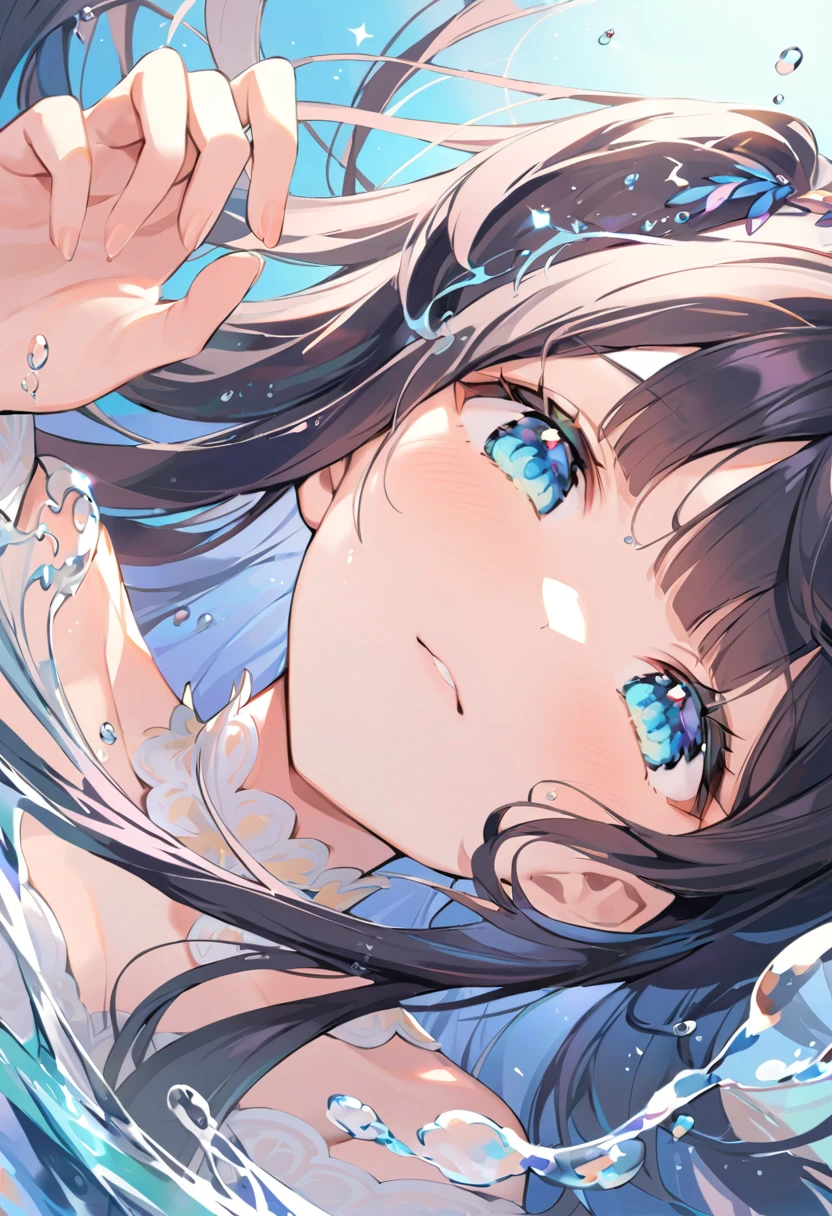 , cute face, ((long hair))),blunt bangs ,.(true beautiful:1.2),( Exactly correct anatomy for perfect fingers ) Thick and transparent flowing water with more detailed foam splashes(Highly dynamic)Transparent bubbles. Tiny transparent bubbles condense with the flow of water. The dress is made up of a charming and beautiful anime girl with flowing Jet Black　hair. Transparent bubbles are surrounded by swirling bubbles. The girl is surrounded by tiny bubbles of water vapor. The flowing girl has a delicate facial expression and clear eyes. Sunny eyes are gentle and gazing. The background of the lens is dark blue with magical smoke flying. Wide-angle macro lens photography is ethereal and calm. Everything is nothingness. The atmosphere is high-quality and very detailed., Dynamic angles and elegant atmosphere, Intricate details, ethereal and dreamy, airbrush digital oil painting works by masters
