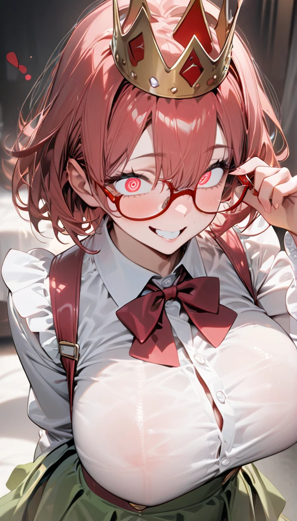 ((masterpiece,  best quality)), Aston Mahan (Uma Musume),, Smile, Large Breasts, Upper body, ,  Long sleeve,  white shirt, frills, Green Skirt, Button,   Black Thigh Socks , Suspenders, , Wearing glasses, Red frame glasses, red hat crown, , Crazy Eyes, Glowing eyes, ,  