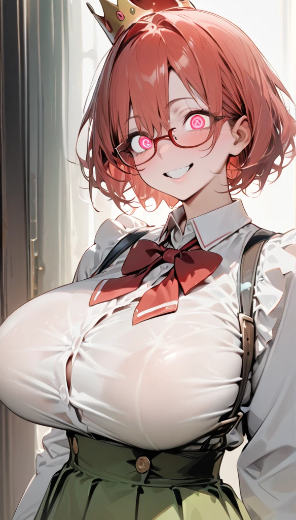 ((masterpiece,  best quality)), Aston Mahan (Uma Musume),, Smile, Large Breasts, Upper body, ,  Long sleeve,  white shirt, frills, Green Skirt, Button,   Black Thigh Socks , Suspenders, , Wearing glasses, Red frame glasses, red hat crown, , Crazy Eyes, Glowing eyes, ,  