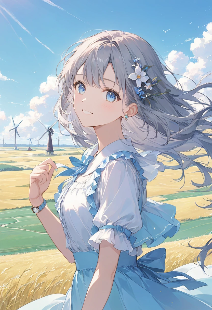 ((pastel))、 one woman smiling ,I have a hand-held windmill,Hold with both hands,Gray Hair,Long Hair, half twin tail ,Long sideburns,Blue Eyes,The background is the plains,A masterpiece where the wind is blowing ,Best Quality,Exquisite,8k, absurd, super detailed illustration ,(Watch the audience)