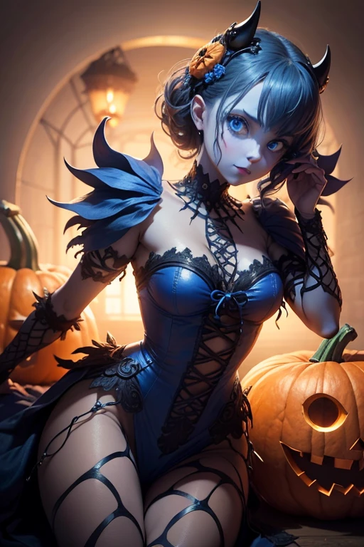 Solo girl, one piece outfit, black bikini, Halloween, big moon, Gothic castle, bats flying in background, goth girl, big eyes, blue eyes, smiling, big , short hair, blue hair, sexy pose