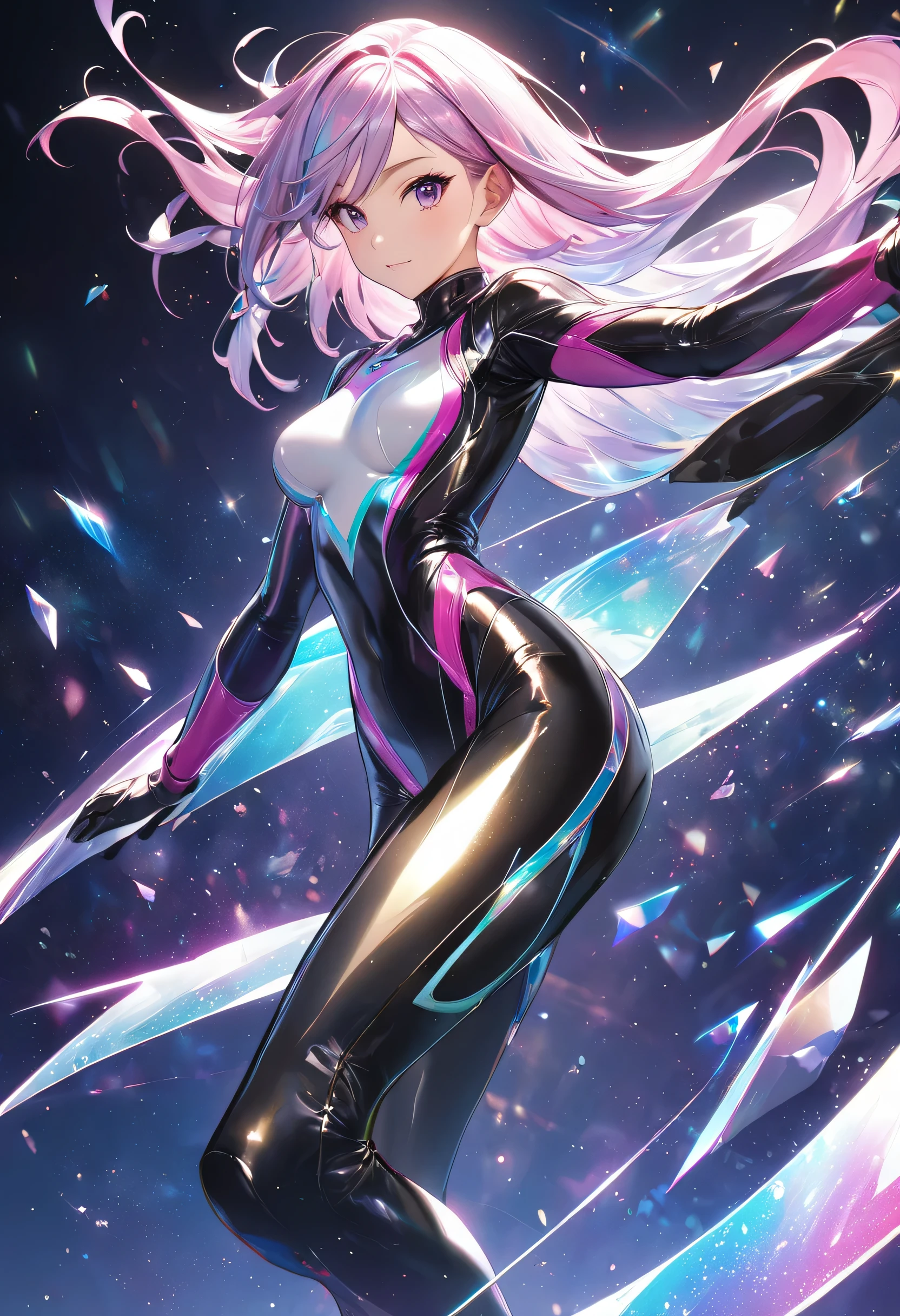 masterpiece, best quality, 1girl, translucent skin, purple bodysuit, mechanical, cowboy shot, space