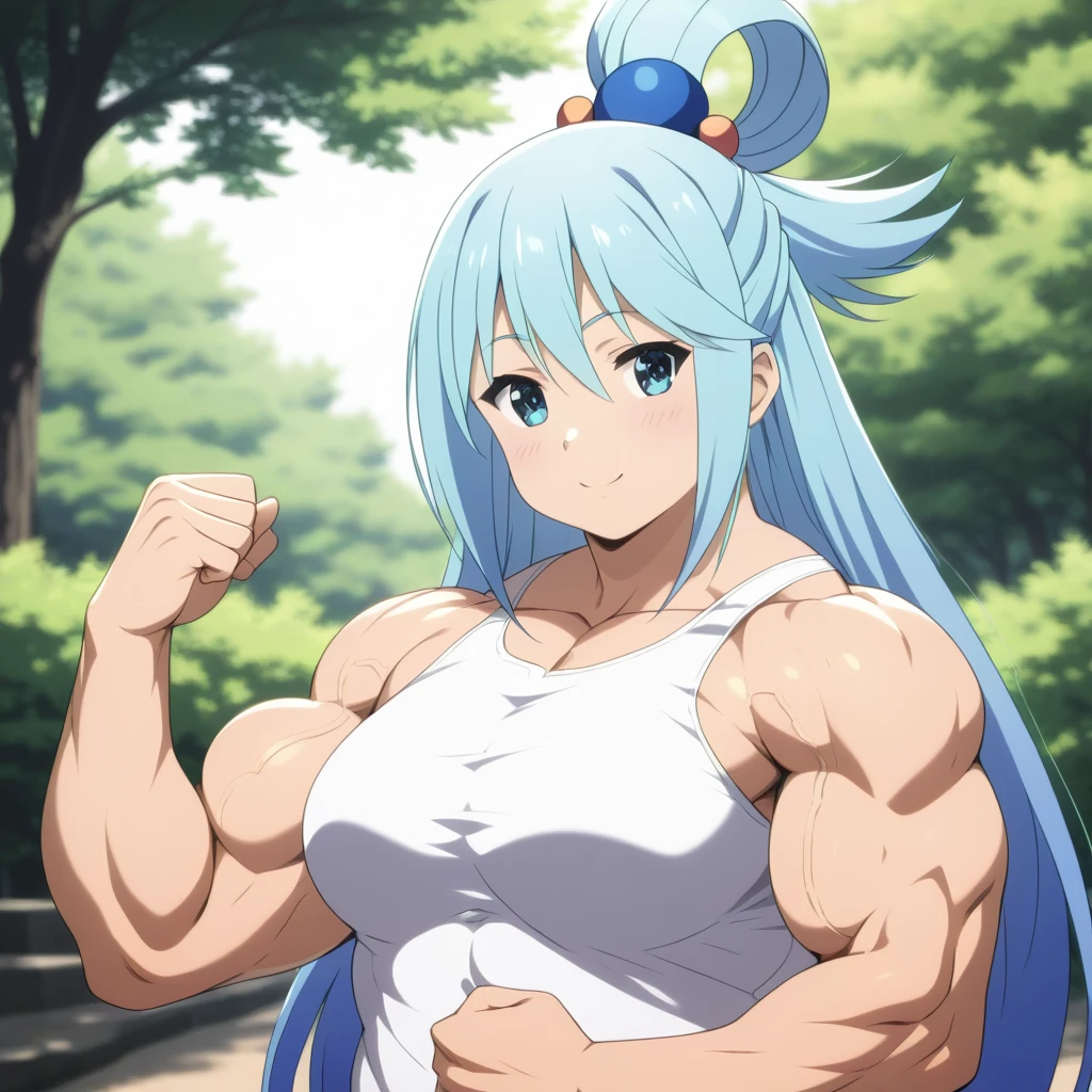 muscular girl, ((((huge)))) girl, (((((flat))))) chest,((((((wide)))))) shoulder, 1girl, ((((thick)))) neck, (((((wide))))) pecs, ((((muscular, muscle, big girl, fat, thick arms, (((large))) torso, pectorals, lat, ((((huge)))) hip)))), straight waist, upper body, shirt, park, anime, japanese anime, japanese animation, aqua \(konosuba\), blue hair, long hair, hair ornament, very long hair, hair rings, single hair ring, hair bobbles, detailed eyes, detailed mouth, detailed face, detailed faceline, best quality, masterpiece, intricate details, detailed, professional, front view, Upper pectoralis major, Middle pectoralis major, Lower pectoralis major, Trapezius, deltoid, anterior deltoid, middle deltoid, posterior deltoid, Biceps, Biceps long head, Biceps short head, Triceps, Triceps medial head, Triceps Lateral Head, Triceps long head, Sternocleidomastoid, Platysma, Forearm Muscles, Serratus anterior, Oblique abdominal muscles, Rectus abdominis, abs, Transverse abdominis, Gluts, gluteus maximus muscle, Gluteus medius muscle, Tensor fasciae latae muscle, quads, Rectus femoris muscle, Vastus lateralis muscle, Vastus intermedius muscle, Vastus medialis muscle, hamstring, Biceps femoris muscle, Biceps femoris long head, Biceps femoris short head, Semimembranosus, Semitendinosus, Adductor magnus muscle, surae muscle, Triceps surae muscle, Gastrocnemius muscle, Soleus muscle