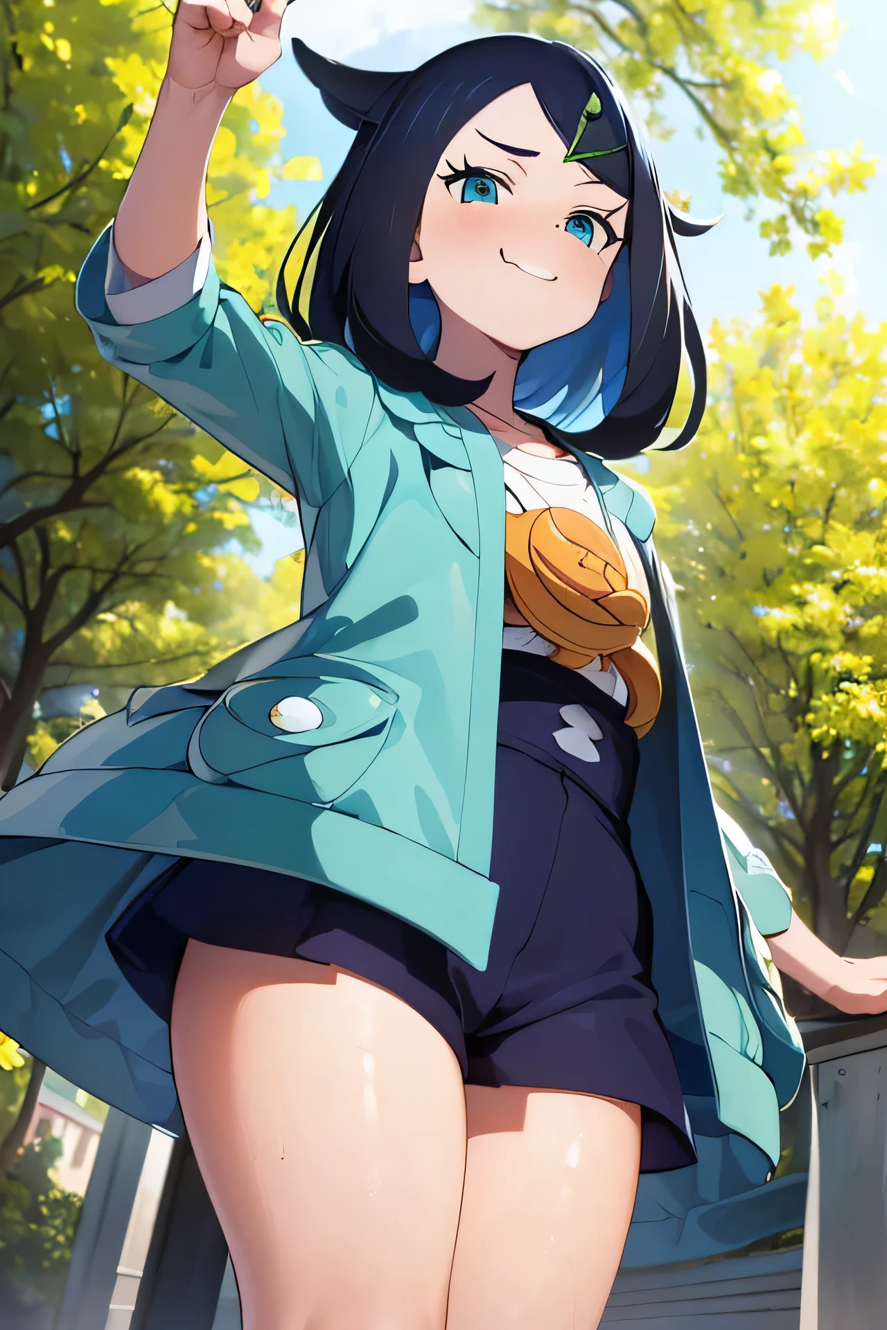 (8K, best quality:1.2), (masterpiece:1.20), (photo, photorealistic:1.20), (ultrahigh-res), (Standin up with lustful look on her face), (((Very lustful))), (Confident demeanor), (Thick thighs), (Mature body), ((Heavenly thighs), ((nice curves)), ((Breathing heavily)), ((Visable hot breath)), ((Smug facial expression)), (Mischivious facial expression), (Full body angle), ((hand gestures)), ((Lustful face)), (((playful smirk))), Liko standing up, Liko's hair is cut short, ending just above her shoulders, giving her a youthful and playful look. Her hair is predominantly dark navy blue with vibrant turquoise highlights, which are especially noticeable along the tips and in her fringe. Her fringe is pointed and sharp, with a unique section of hair on the left side of her face curling upwards in a soft swoop. She also has two locks of hair on each side of her head that curve outward, adding more personality to her appearance.
Eyes: Liko has large, round, and expressive eyes. They are a red color, giving her a bright, energetic, and curious look. Her eyes are framed by long lashes, adding to her youthful charm.
Face Shape: She has a heart-shaped face, with soft features and a small, slightly pointed chin. Her nose is small and subtly defined. Her complexion is fair, with a healthy glow that complements her overall appearance.
Clothing: Jacket: Liko wears an open, teal-green jacket with rolled-up sleeves, which is slightly oversized and gives her a casual, adventurous vibe. The jacket has a blue star-shaped symbol pinned on the left lapel. On her right jacket sleeve, there’s a small round design resembling a Poké Ball.
Shirt: Underneath the jacket, she wears a simple white shirt. The shirt itself is plain and unembellished.
Shorts: Liko's navy blue shorts are a practical choice, allowing for mobility and comfort during her Pokémon adventures. The shorts are mid-thigh length, simple in design without extra detailing, contributing to her no-nonsense, adventure-ready look.