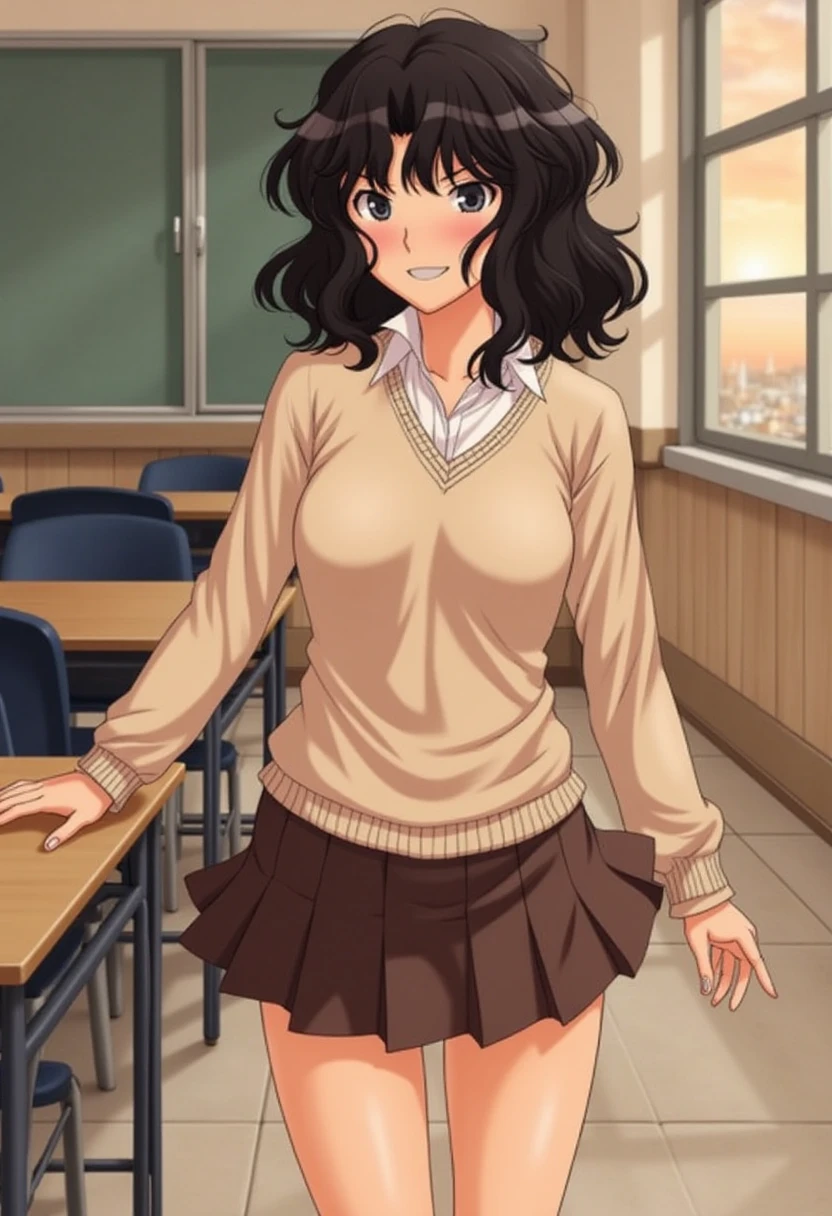 Kaoru Tanamachi(1:2), Ultra detailed face, Attention to detail,  anatomically correct body, I'm showing my belly(1:2),(Beige knitwear style uniform:1.1), (Dark Brown Skirt:1.1), Japanese High School Uniform, Famous Tokyo Metropolitan High School Uniforms,  Knee-High Socks , Perfect Legs,  mischievous smile,Evening Classroom, sunset, Walking next to me,  clothes showing the navel, White slippers, NSFW