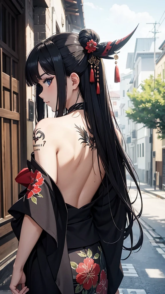 masterpiece, Best Quality,  best quality, Official Art, Beautiful and artistic :1.2), 1 girl, tattoo, Alone, kimono, Red and black kimono,  hair accessory , unsheathing,  Black Hair , sheath, back tattoo, dragon tattoo, blue eyes, Off the shoulder, Bare shoulders, looking back,  from behind, flower,  watching the viewer, holding, compensate, Outdoor,