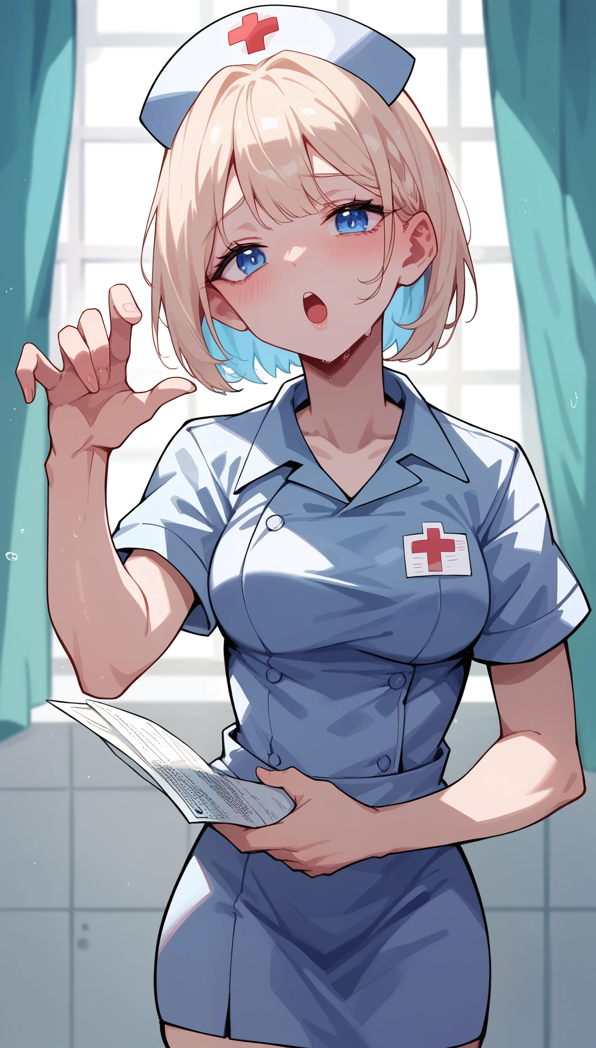 pov, Clover, totally spies, kneeling, blonde, blushing, smiling, penis, foreskin, measuring tape, white nurse uniform, nurse cap, short hair, blue eyes