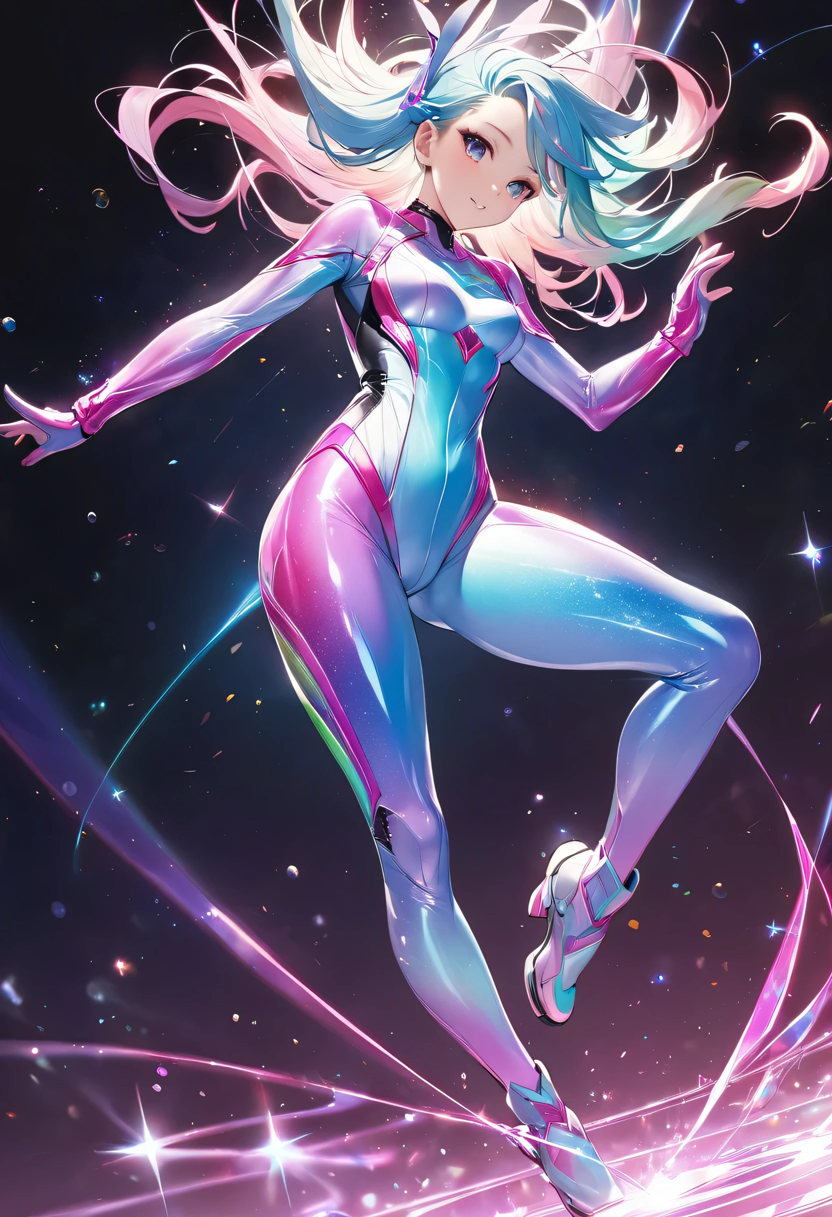 A beautiful girl wearing a beautiful sparkling pastel pink tight bodysuit