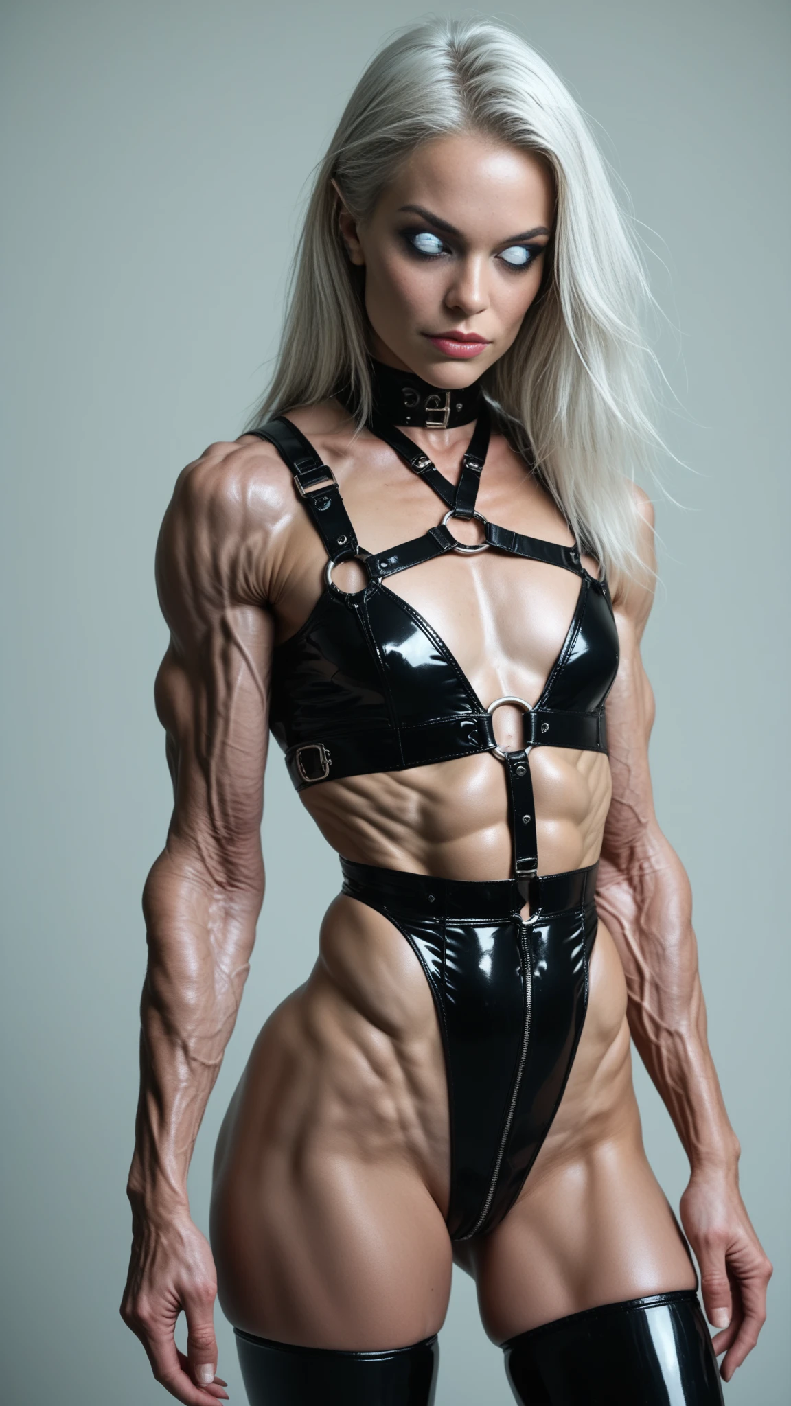 score_9, score_8_up, score_7_up, photo, photorealistic, Gorgeous sexy muscular (skinny) Lady Death, (white eyes, white sclera:1.25), (latex body harness:1.5), thigh high boots, goth makeup, (masculine muscular physique:1.5), long white hair, (veiny muscles:1.5), flat chest, (Wide chest & shoulders:1.5), (skinny legs:0.6), sinozick style, skindentation, 