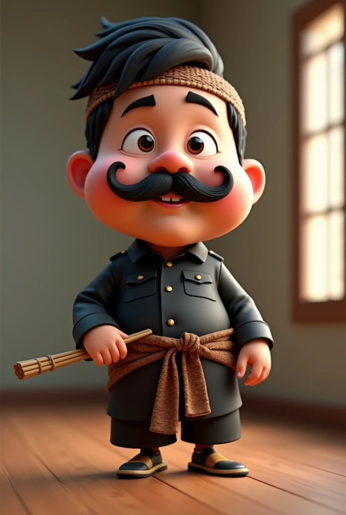  Photorealistic 3D caricature Character ,big head , with curvy body and cartoon style  ,  short dark hair , wearing a long-sleeved black safari suit and brown batik sarong, with blangkon  ,  and carrying round end beige rattan stick .  Thick mustache in the shape of the letter 'W' .  Simple background with wood floor and neutral-colored walls.  Cheerful and adorable facial expression ,  in semi-realistic style . --ar 4:5 --s 500 --v 6 --stylize 750