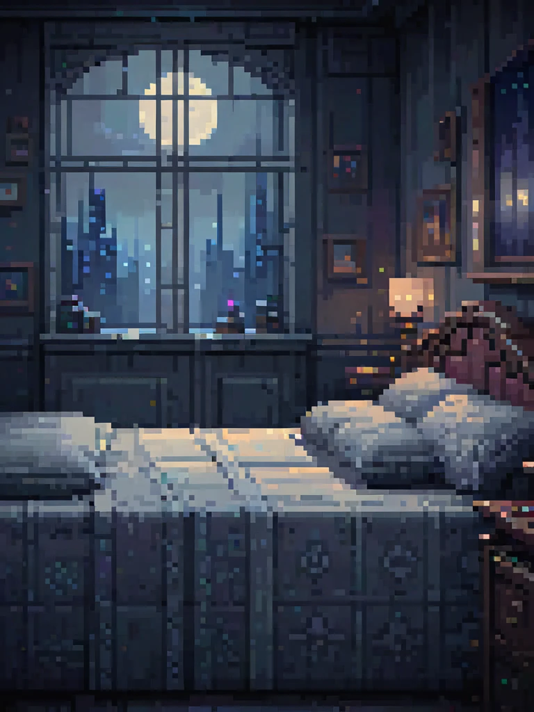 a bed in a room with a window, dark night city view, full moon, lofi, warm lighting, cinematic, moody atmosphere, detailed interior, cozy ambiance, dreamy, atmospheric, soft textures, muted colors, natural lighting, mystical, romantic, intricate details, photorealistic, high quality, masterpiece