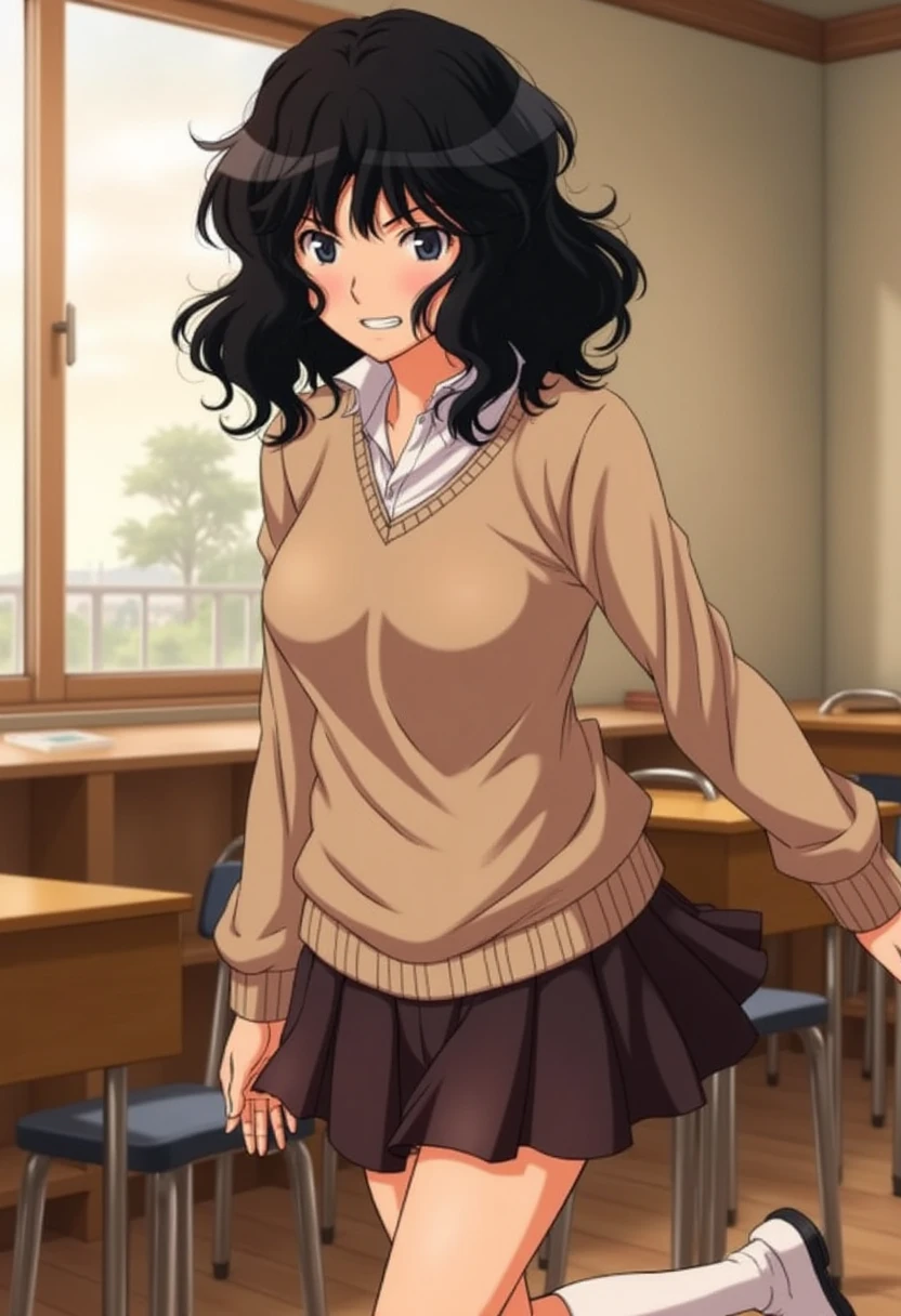 Kaoru Tanamachi(1:2), Ultra detailed face, Attention to detail, The belly is visible(1:2),(Beige knitwear style uniform:1.1), (Dark Brown Skirt:1.1), Japanese High School Uniform, Famous Tokyo Metropolitan High School Uniforms,  Knee-High Socks , Perfect Legs,  mischievous smile,Evening Classroom, sunset, Walking next to me,  clothes showing the navel, White slippers, NSFW