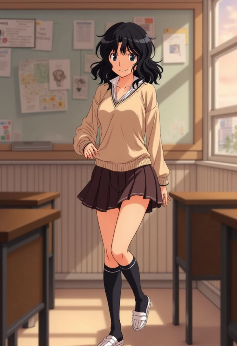 Kaoru Tanamachi(1:2), Ultra detailed face, Attention to detail, The belly is visible(1:2),(Beige knitwear style uniform:1.1), (Dark Brown Skirt:1.1), Japanese High School Uniform, Famous Tokyo Metropolitan High School Uniforms,  Knee-High Socks , Perfect Legs,  mischievous smile,Evening Classroom, sunset, Walking next to me,  clothes showing the navel, White slippers, NSFW