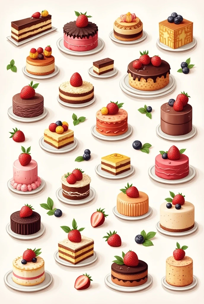 Luxury　Dessert　collection, realistic illustration, Detailed　Illustrated, Illustrated Book, detailed descriptions , Lots of products, cake, Colorful, catalog style,  arranged, Beautiful decoration, 