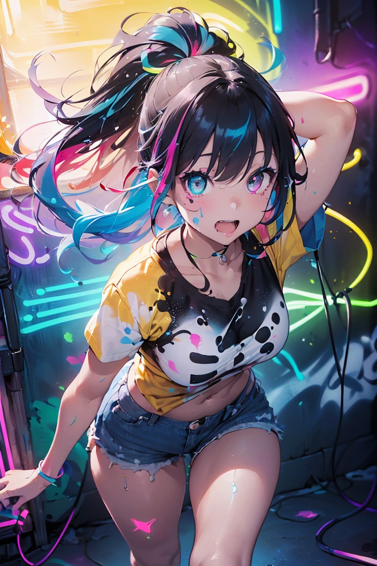 Anime girl with headphones,(sexy ass), (big breasts:1.3),((upper grade:1.3, perfect eyes , Rainbow has super knowledgeable turquoise red eyes that shine.:1.1, gradient eyes:1, beautiful detailed eyes:1, symmetrical eyes:1, Big Eye Highlights:1.2)), blush, (open your mouth), anger,in a psychedelic room, (bright skin: 1.5, tanned skin, bright skin, very bright skin, bright body), sight tranceのイラスト, sight trance, psychedelic art style, Neon Colors theme, (((masterpiece))), (Complex), 8K, highest quality, (visual strength: 1.5),
(((liquid paint hair:1.1))) ,(((Neon colored hair :1.5))), ((Made of paint、defy gravity,thick stream),(paint splatters:1.3), (shiny hair: 1.3), (bright colors), embarrassing,in the center,Scale to fit,Rule of thirds, Body nicely covered in paint on a multi-colored background, rest colorful theme, Splash Paint Regeneration, beautiful light, colorful light particles,high contrast in clothing, splash of color, Colored walls, Complex 詳しい, exposure blend, HDR, (graffiti art),exact 5 fingers