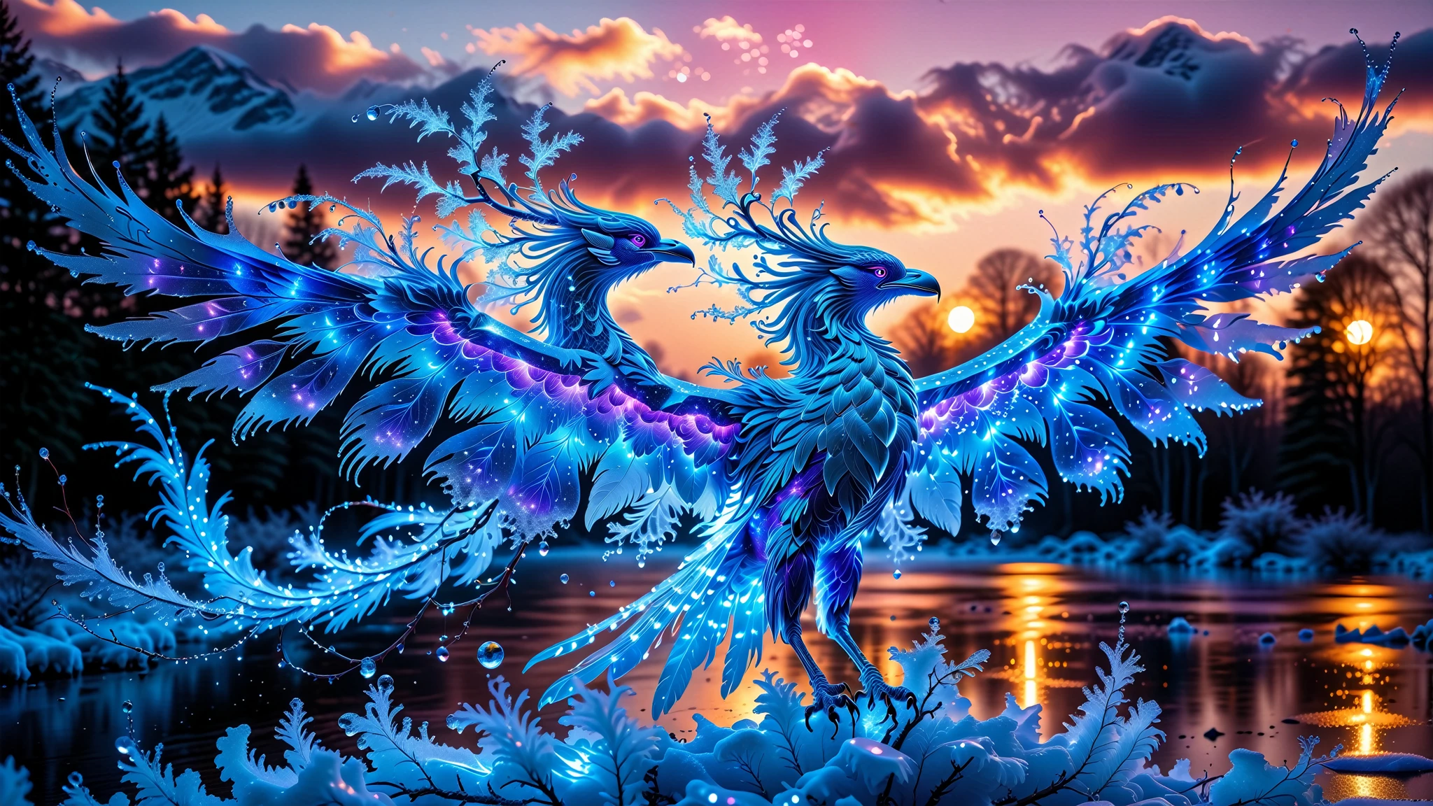 A Masterpiece In 32K Resolution, Supreme Quality, Super Detail, Official Art, Very High-Resolution 32K Wallpaper, Beautiful And Aesthetic, Ultra-Detailed Features, Awe-Inspiring Detail. Towering Bioluminescent Trees Stretch Into A Purple Sky, Their Branches Pulsing With Electric Blue Light. Rising From The Depths Is A Colossal Ice Phoenix, Its Body Covered In Frozen Feathers That Sparkle Like Diamonds. Massive Wings Unfold From Its Sides, Glinting In The Light, Its Frosty Breath Leaving Trails Of Glittering Ice Crystals In The Air. Giant Floating Beasts Drift Through The Air, Their Silhouettes Blending With The Exotic Landscape.