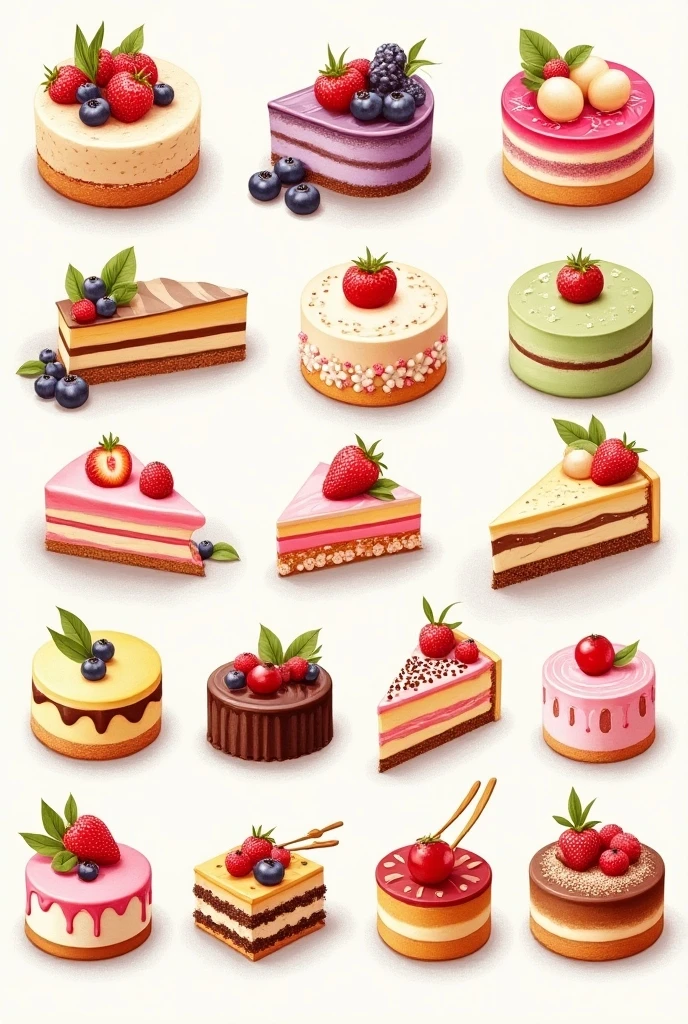 Luxury　Dessert　collection, realistic illustration, Detailed　Illustrated, Illustrated Book, detailed descriptions , Lots of products, cake, Colorful, catalog style,  arranged, Beautiful decoration, 