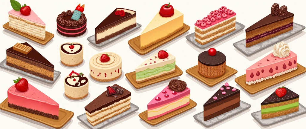 Luxury　Dessert　collection, realistic illustration, Detailed　Illustrated, Illustrated Book, detailed descriptions , Lots of products, cake, Colorful, catalog style,  arranged, Beautiful decoration, 