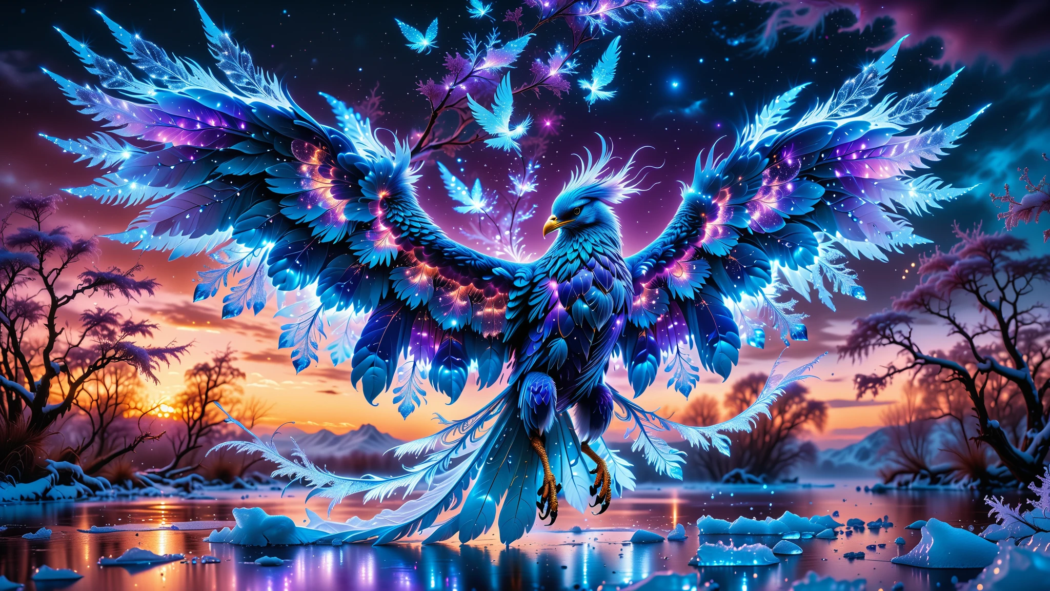 A Masterpiece In 32K Resolution, Supreme Quality, Super Detail, Official Art, Very High-Resolution 32K Wallpaper, Beautiful And Aesthetic, Ultra-Detailed Features, Awe-Inspiring Detail. Towering Bioluminescent Trees Stretch Into A Purple Sky, Their Branches Pulsing With Electric Blue Light. Rising From The Depths Is A Colossal Ice Phoenix, Its Body Covered In Frozen Feathers That Sparkle Like Diamonds. Massive Wings Unfold From Its Sides, Glinting In The Light, Its Frosty Breath Leaving Trails Of Glittering Ice Crystals In The Air. Giant Floating Beasts Drift Through The Air, Their Silhouettes Blending With The Exotic Landscape.