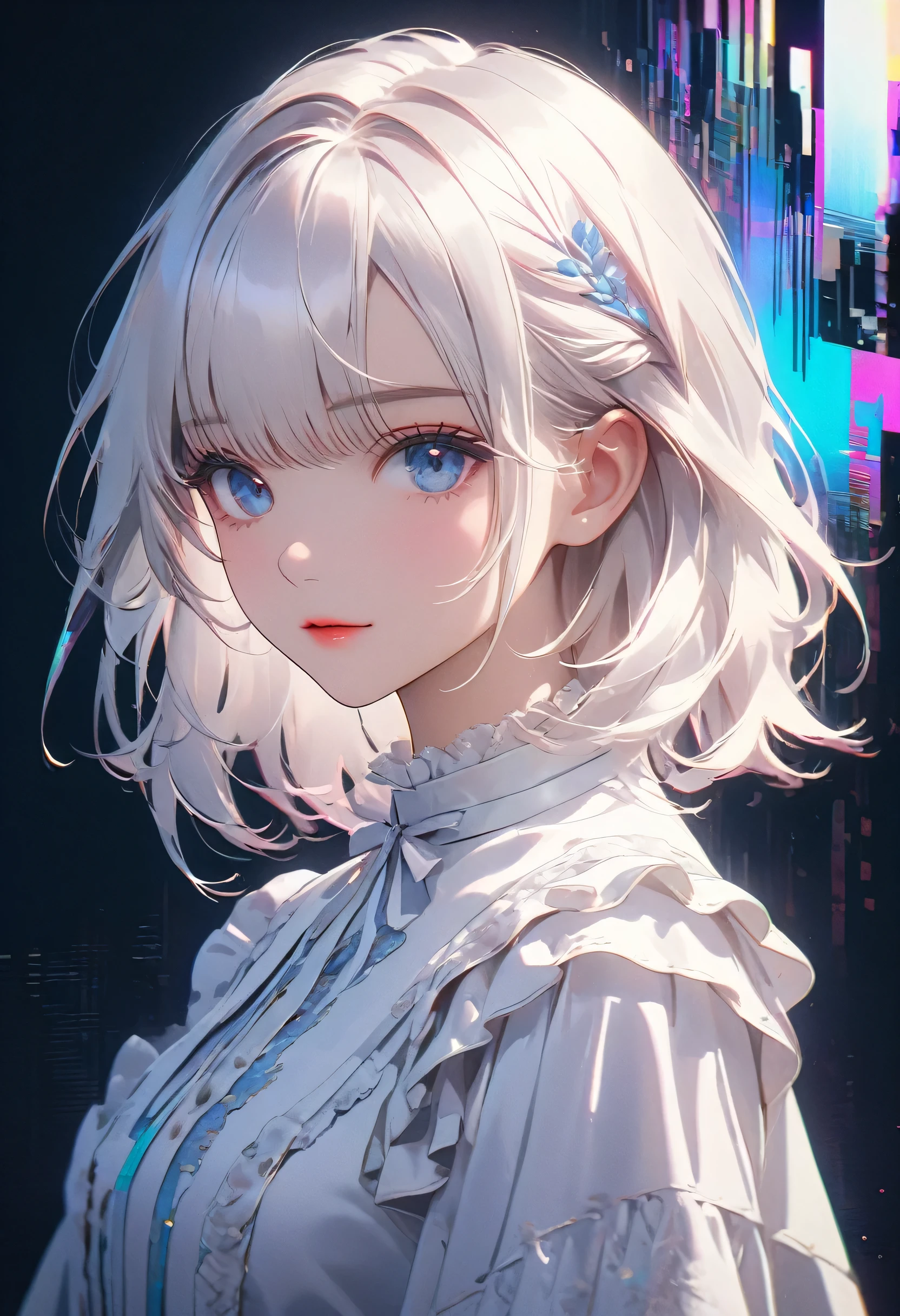 (glitch art:1.5),((noise and grain)),(top-quality),(masterpiece),Delicately drawn face,girl with a pretty face,beautiful detailed blue eyes,white Lolita Fashion,((white costume)),(Beautiful silky white hair:1.2),film lighting,abstract,a beautiful artistic illustration,geometric background,glitch lettering,cowboy shot