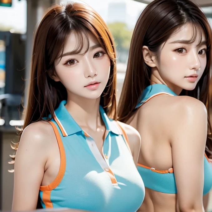  realistic pictures (1 cute Korean star)  inverted hair , light makeup, Medium chest size, Orange polo shirt, At the station, Canon EOS Clear Facial Features , 16k,  High Resolution ,  Clear and Realistic Details ,  Expose too much, Cut-in, 超 High Resolution ,  High Resolution ,  best quality