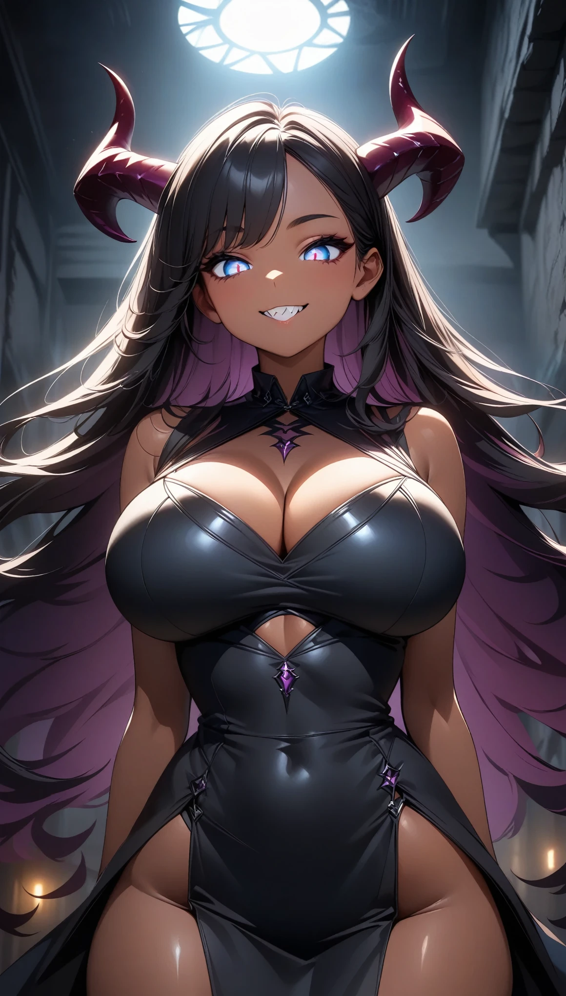 Demon Summoning, Female demon,  Distorted Devil's Horns , Shining Eyes, Sharp teeth,  Hands with Long Nails ,  erotic female demon's bewitching smile, look down, (Dark Skin, Dark clothes, Open your mouth), 視聴者をlook downポーズ,  standing:1.2,  super low angle:1.2, Big Breasts,  beautiful skin in NFSW, Glossy Lips , Beautiful eyes, Long eyelashes,(Black Hair,  Super Long Straight ),  Cinematic Lighting , (( Dark Moody Atmosphere , Dark Basement Background)),  dark fantasy,  Concept Art Style , (kawaii:1.2,  Anime style ), (Best Quality,  very detailed,  super high definition,  high contrast , masterpiece:1.2), Obscene, obscene,  Erotic.