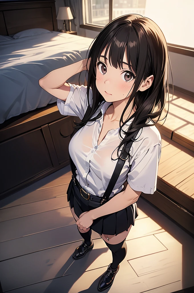 high quality, masterpiece, Ultra-high resolution, (Realism: 1.4), Oil painting style, Cinema Lighting, , I stood on the empty asphalt road and looked at it., And the suspenders with the cranes flying　　Moderate breasts　 　 　　　　Small face　 　　　holster　　　　　　　 Lying in bed　Looking up　　　　Sweat 　　　belt　buzzer　脇Sweat 　Black Hole Gloves　suit　　　　 mini skirt　garterbelt　Leg Links　Belt on trousers　　holster　 　　Hands behind your back　 Anxious expression　Looking up　Anxious face　Knee-high　Knee socks　Knee-highソックス garterbelt　garter　Garterbelt on thighs Long hair