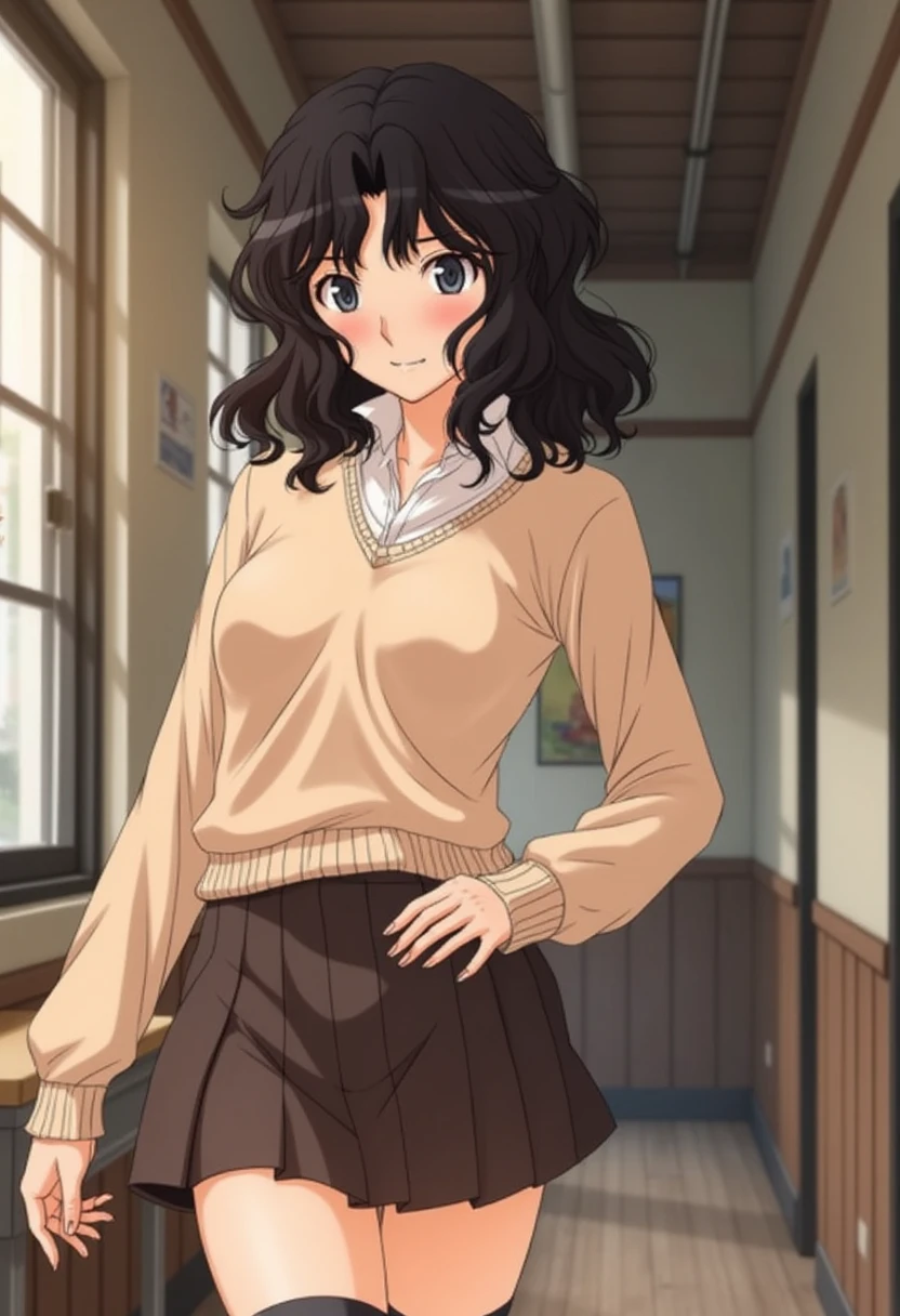 Kaoru Tanamachi(1:2), Ultra detailed face, The belly is visible(1:2),  white skin,(Beige knitwear style uniform:1.1), (Dark Brown Skirt:1.1), Japanese High School Uniform, Famous Tokyo Metropolitan High School Uniforms,  Knee-High Socks , Perfect Legs,  mischievous smile,Evening Classroom, sunset, Walking next to me,  clothes showing the navel, White slippers, NSFW