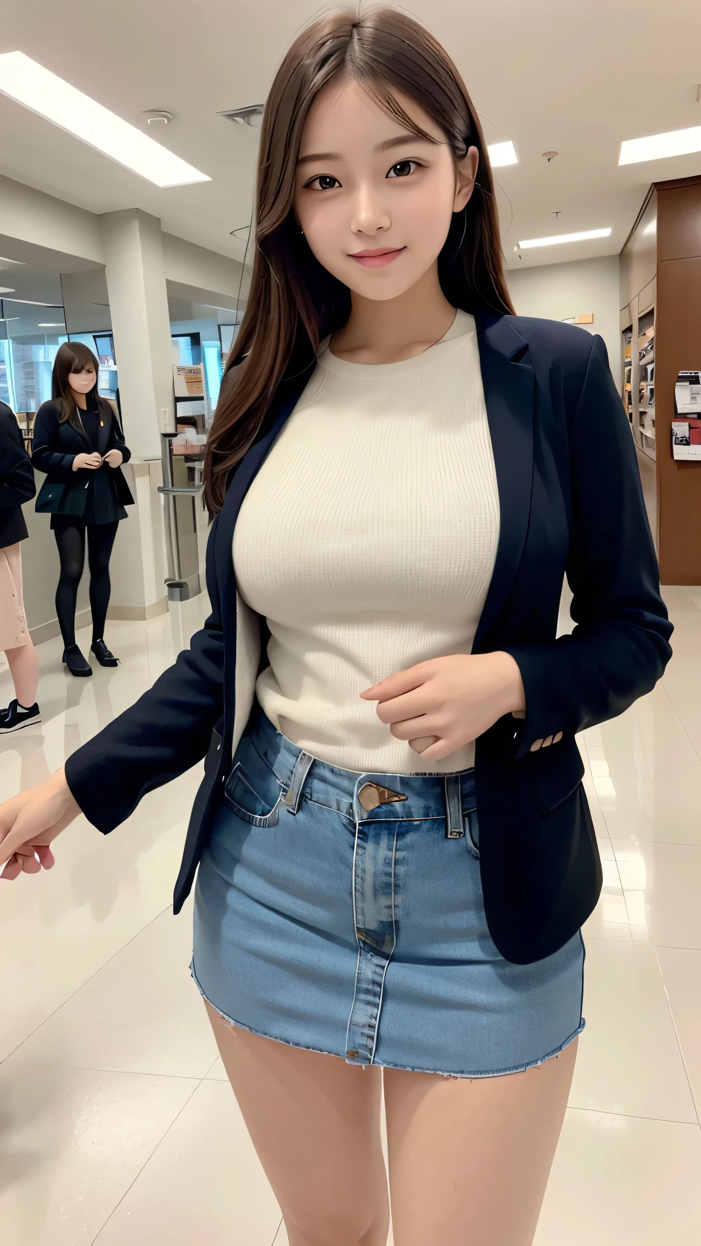 1girl chubby, long hair, looking at viewer, smile, black colar jacket, white shirt with cleavages , silhouette shape of her large breast, black hair messy, crop top, brown eyes, large jewelry, large earrings, standing, glasses,  pants, necklace, mole on her chests, see-through shirt, multiple views, buttons, ring, denim, black-framed eyewear, mole on breast, jeans, realistic, background off tall building