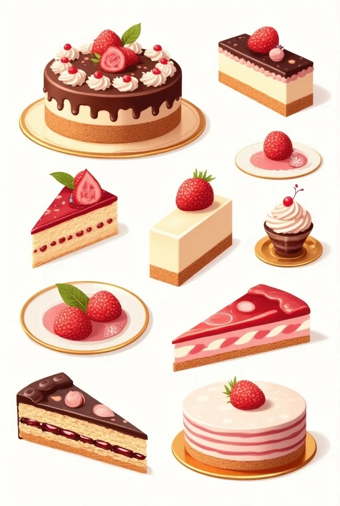 Luxury　Dessert　collection, realistic illustration, Detailed　Illustrated, Illustrated Book, detailed descriptions , Lots of products, cake, Colorful, catalog style,  arranged, Beautiful decoration, 