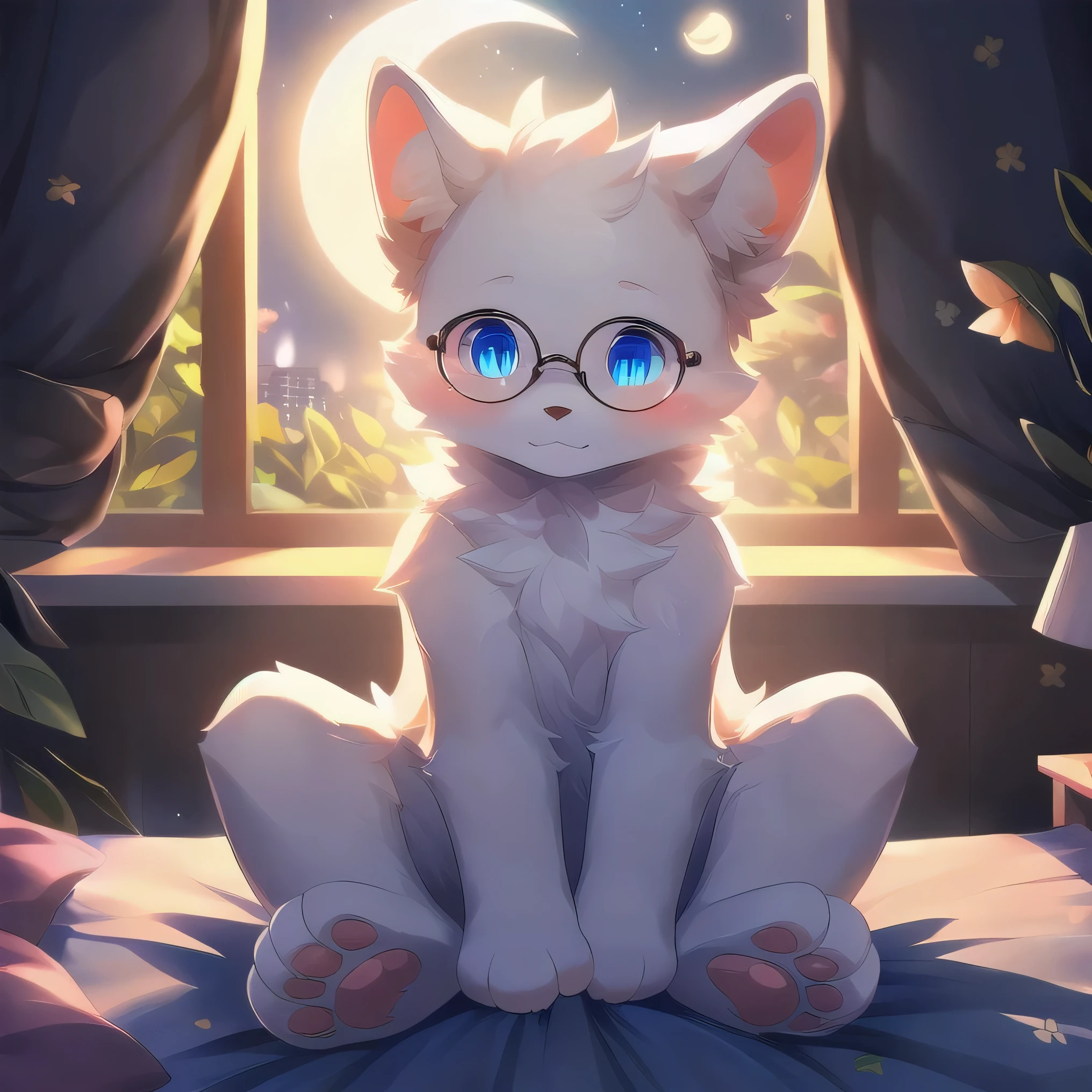 (Dark Environment: 0.8), Masterpiece, High Quality, Abstract Res, Digital Painting\(artwork\), by Dagasi, Yupa, Kiyosan, (Anthro, Fluffy Fur, Character Focus: 1.1), Anthro Male Cat, Short Hair, Portrait , bright eyes with panoramic views, character focus. (Detailed background: 0.7), solo, reading, sitting on a chair, feet hanging in the air, face red, upper body wearing beige coat, furry, furry male, male focus, anthr, (full body fur, fluffy tail, blue fur, light blue eyes, white hair, white belly: 1.2), (long canine, , curious expression, holding a book in both hands, revealing belly, naked lower body: 1.2), (interior, night, villa, study, winter, Fire fireplace: 1.1)