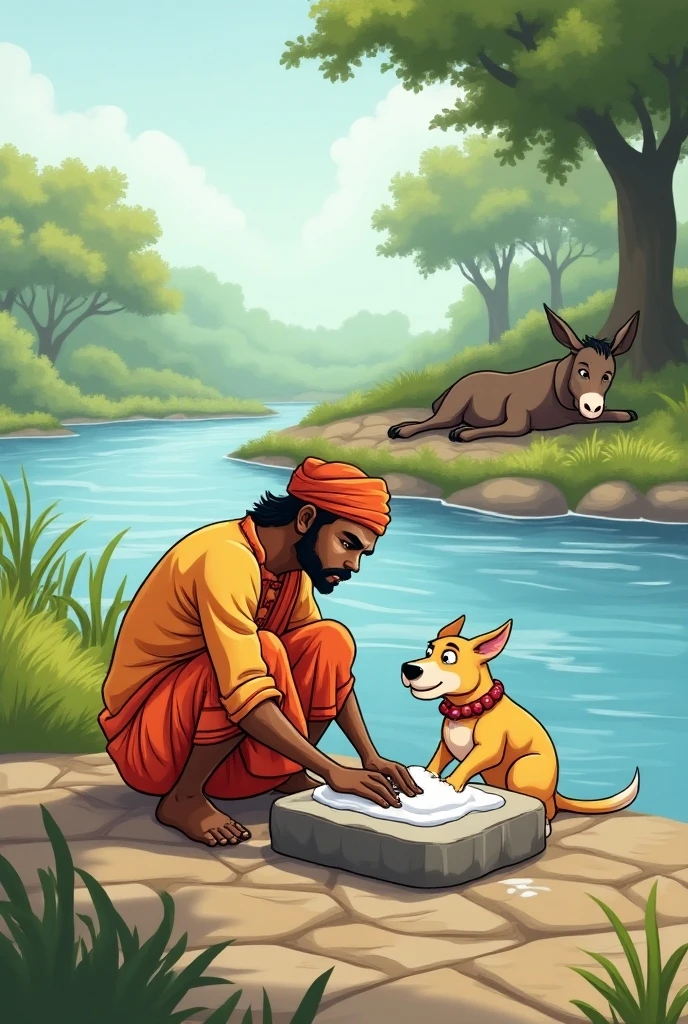Dronacharya and the Kuru princes discovering the dog with arrows in its mouth, all of them astonished and curious