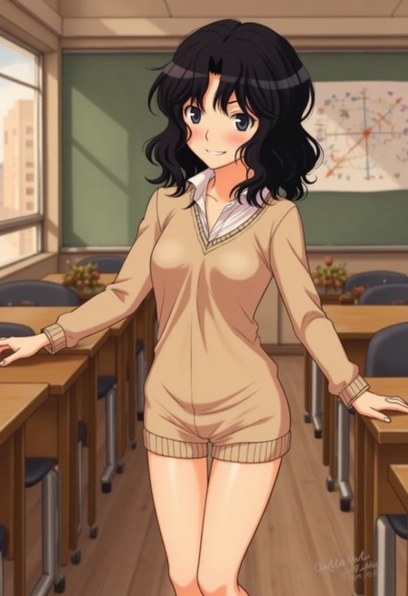 Kaoru Tanamachi(1:2), Ultra detailed face, Attention to detail, Beautiful belly, (The belly is visible:1.4),( beige knitwear style uniform showing belly:1.1), (Dark Brown Skirt:1.1), Japanese High School Uniform, Famous Tokyo Metropolitan High School Uniforms,  Knee-High Socks , Perfect Legs,  mischievous smile,Evening Classroom, sunset, Walking next to me, Tuck up your clothes, White slippers, NSFW