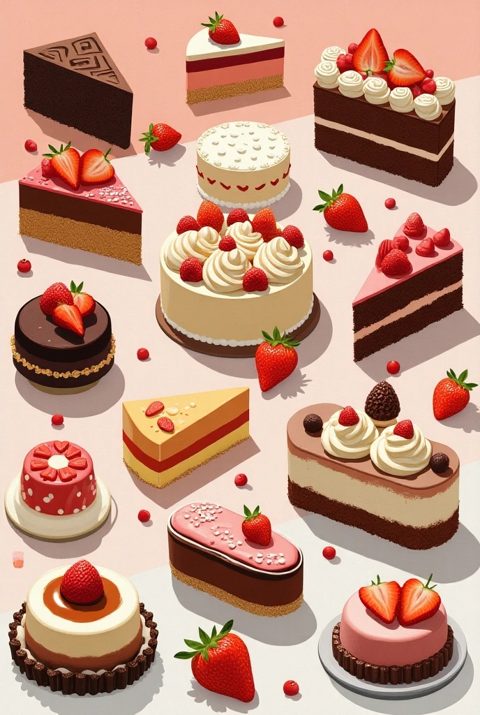 Luxury　Dessert　collection, realistic illustration, Detailed　Illustrated, Illustrated Book, detailed descriptions , Lots of products, cake, Colorful, catalog style,  arranged, Beautiful decoration, 