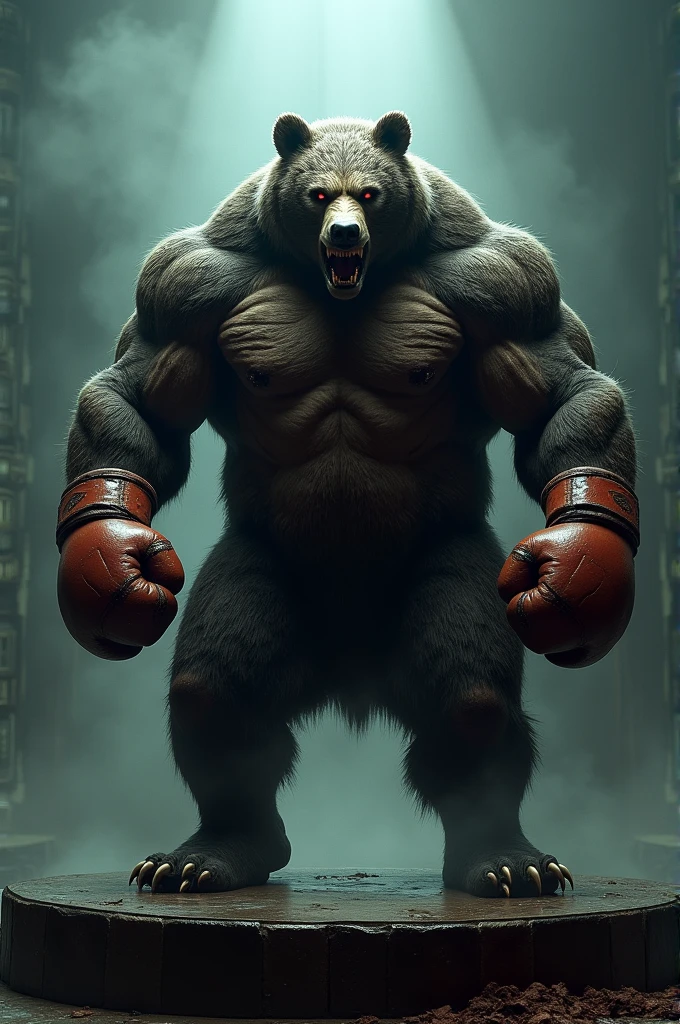 extremely detailed, detailed face, detailed eyes, detailed muscle, (view full body), ((1man)), (furry (beat)), (object (big muscular old bear man standing with face up looking beaten face expression behind the ring)), the bearis soldier and wearing boxing uniform, old bear (big muscular, big muscle, bodybuilder, facial hair, brown fur, beaded, white beard, shirtless and topless, battel scar face, short hair, white hair, strong character, strong muscle), (background ((heavy rain, fog, overcast lights, gray darkness, waster land, old gym, disty building))), (photography (50mm lens, cinematic, cinematic color)), by Pixelsketcher, by Bayard Wu, by Thomas Benjamin Kennington , by Einshelm, by Chunie,, (lin hu:1.1), (exhausted, sweat, bruised:1.4), in the boxing ring, boxing gloves, (beaten down, swollen cheek:1.4)