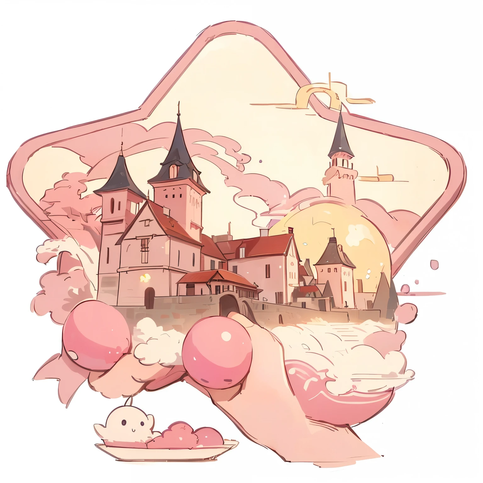 帶pink color絲帶和pink color蝴蝶結的城堡的卡通插圖,  Magic Castle School on the Hill , ( The castle is in the background ),  Round house and cute character , (pink color),  Magic Girl Style ,  Empty Fantasy Theme ,  Town in Background ,  Dream Detail , Very magical and dreamy, Town Background ,  Cute Art Style , cute core