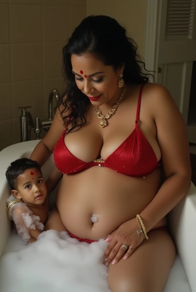 Pregnent indian mom and daughters of age 15, 10, 8in underwear playing in bathtub