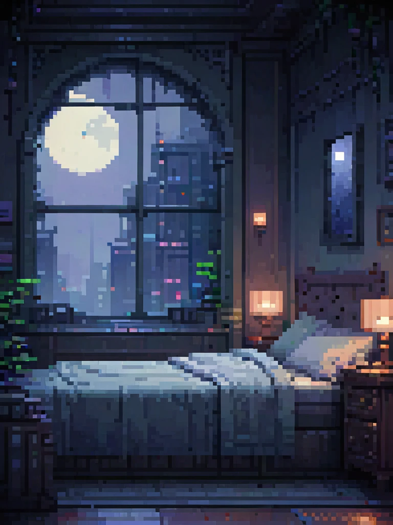 a bed in a room with a window, dark night city view, full moon, lofi, warm lighting, cinematic, moody atmosphere, detailed interior, cozy ambiance, dreamy, atmospheric, soft textures, muted colors, natural lighting, mystical, romantic, intricate details, photorealistic, high quality, masterpiece