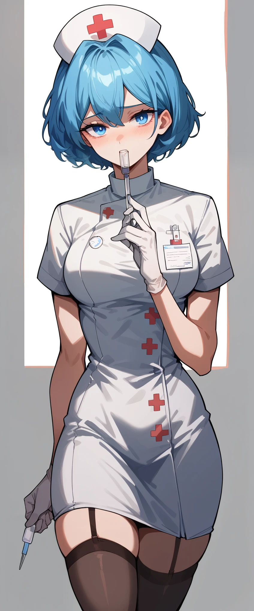 Nurse, grinning, blue eyes, sideways, looking this way, calling, excellent character design, deformed style