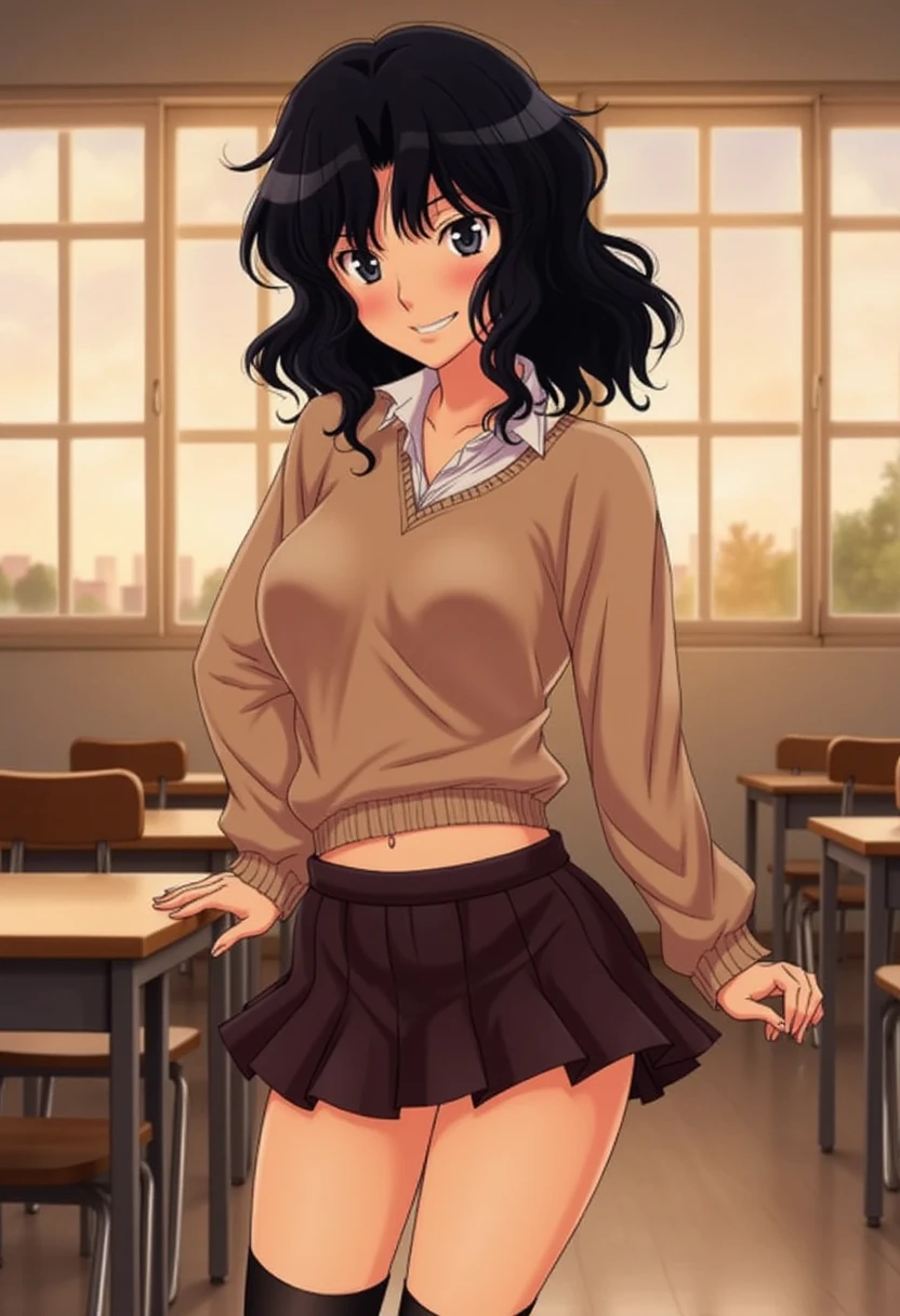 Kaoru Tanamachi(1:2), Ultra detailed face, Attention to detail, (Beautiful belly:1.1), (The belly is visible:1.2), (Beige knitwear style uniform:1.1), (Dark Brown Skirt:1.1), Japanese High School Uniform, Famous Tokyo Metropolitan High School Uniforms,  Knee-High Socks , Perfect Legs,  mischievous smile,Evening Classroom, sunset, Walking next to me,  clothes showing the navel, White slippers, NSFW